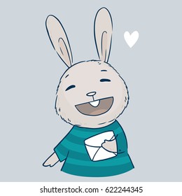 Cute little laughing rabbit with letter postcard greetings in his hands. Vector drawing cartoon illustration