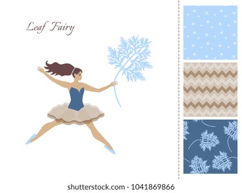 Cute little leaf fairy and set of seamless patterns with leaves, stars and zigzag ornament. Design for fashion. Vector illustration. 
