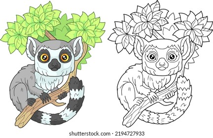 cute little lemur, coloring book for children, cartoon illustration