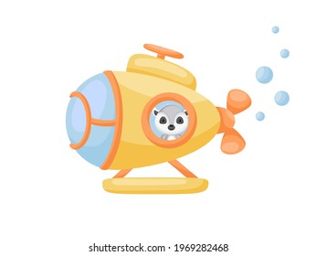 Cute little lemur sail on yellow submarine. Cartoon character for childrens book, album, baby shower, greeting card, party invitation, house interior. Vector stock illustration.