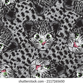 Cute little leopard cub face seamless pattern. Hand drawn vector illustration.