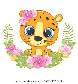 Cute little leopard with wreath of hawaii flowers. Cartoon vector illustration.