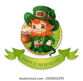 Cute little leprechaun raises a mug of foamy beer in honor of St. Patricks Day. St. Patricks Day design. Vector illustration