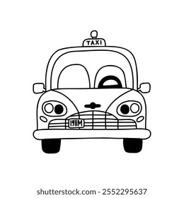 Linda pequeña línea de taxi en estilo doodle. Vista frontal del coche de dibujos animados. Concepto de diseño para pegatinas, carteles, tarjetas. Dibujado a mano ilustración aislada sobre fondo blanco.