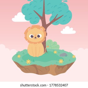 cute little lion animal cartoon sitting meadow tree and flowers nature vector illustration