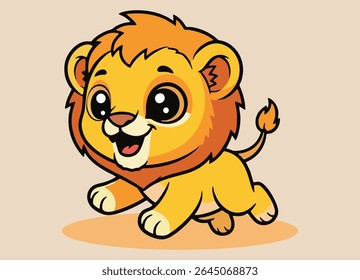 cute little lion with big eyes  running and and smiling happy 