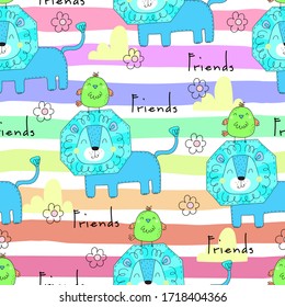 Cute little lion cartoon style. Vector pattern, Seamless vector pattern