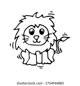 Cute little lion in cartoon style on white background, vector illustration. Coloring page.