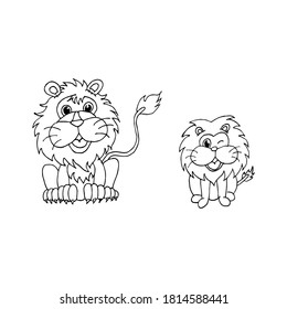 Cute little lion in cartoon style on white background, vector illustration. Coloring page.