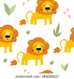 Cute little lion cartoon style. Seamless pattern. Printable templates