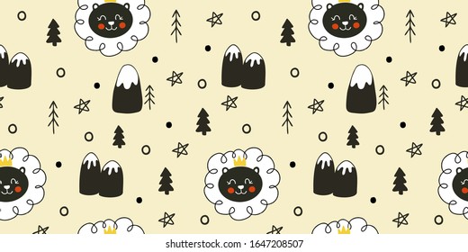 Cute, little lion cub among the Scandinavian mountains and Christmas trees, geometric seamless pattern on a beige background, isolated vector. For printing on children's clothing, posters and postcard