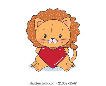 A cute little lion cub is hugging a big red heart. Flat cartoon illustration. Vector isolated on white background.