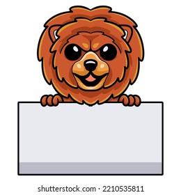 Cute little lion dog cartoon holding blank sign