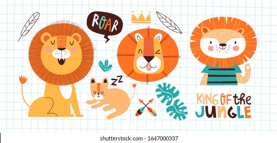 Cute little lion doodle illustration set of funny safari animals on isolated background. Sweet jungle lions sticker collection for baby design or children decoration.