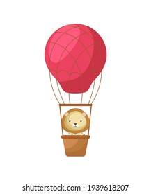 Cute little lion fly on red hot air balloon. Cartoon character for childrens book, album, baby shower, greeting card, party invitation, house interior. Vector stock illustration.