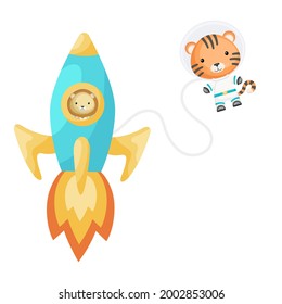 Cute little lion flying in aqua rocket. Cartoon tiger character in space costume with rocket on white background. Design for baby shower, invitation card, wall decor. Vector illustration