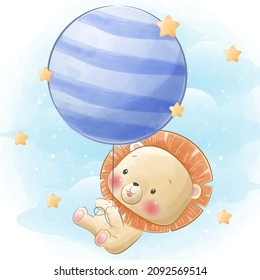 Cute little lion flying with balloon