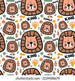 Geruchiger Löwe mit Waldobjekten doodle Illustration nahtlose Muster. Kann für Kinderbekleidung, Gewebe, Umhüllung, Textilien, Tapeten verwendet werden