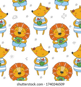 Cute little lion and fox in cartoon style. Vector pattern