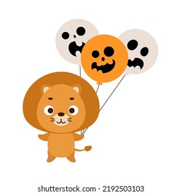 Cute little lion holding Halloween balloons. Cartoon animal character for kids t-shirts, nursery decoration, baby shower, greeting card, invitation. Vector stock illustration