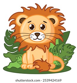 Cute little lion in leaves. Cartoon flat vector illustration, isolated on a white background. Children's illustration.