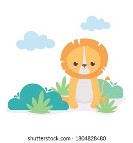 cute little lion leaves foliage cartoon animals in a natural landscape vector illustration