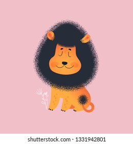 Cute little lion leo. Pink background. Illustration for children. Hand drawn vector character. Animal flat clipart. Cartoon for kids game, book, t-shirt, cards, print, textile, poster