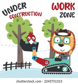 Cute little lion on a blue excavator. Can be used for t-shirt print, kids wear fashion design, print for t-shirts, baby clothes, poster. and other decoration.