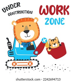 Cute little lion on excavator. Can be used for t-shirt print, kids wear fashion design, print for t-shirts, baby clothes, poster. and other decoration.
