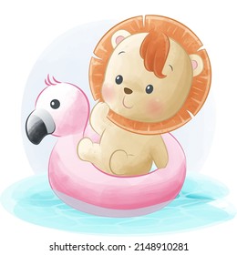 Cute Little Lion On Flamingo Swim Tube