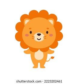 Cute little lion on white background. Cartoon animal character for kids cards, baby shower, invitation, poster, t-shirt composition, house interior. Vector stock illustration