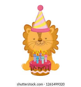 cute and little lion with party hat and sweet cake