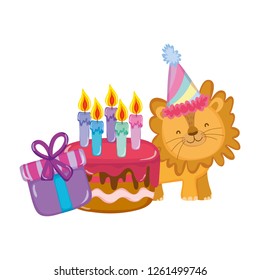 cute and little lion with party hat and cake