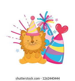cute and little lion with party hat