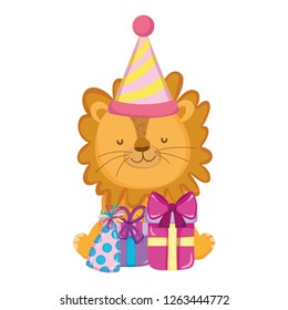 cute and little lion with party hat