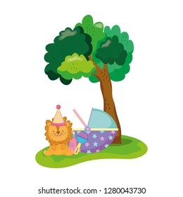 cute and little lion with party hat