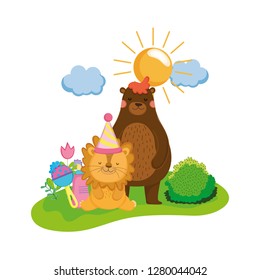 cute and little lion with party hat