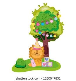 cute and little lion with party hat