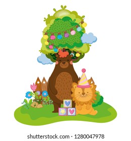 cute and little lion with party hat