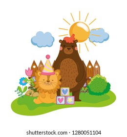 cute and little lion with party hat