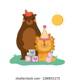 cute and little lion with party hat