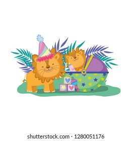 cute and little lion with party hat