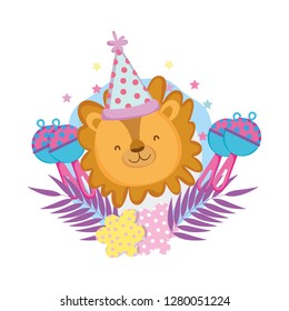 cute and little lion with party hat