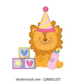 cute and little lion with party hat