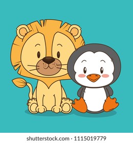 cute and little lion and penguin characters