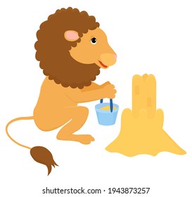 Cute little lion playing with sandcastle in cartoon style isolated on white background. the soul of the child. Vector illustration