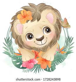 Cute little lion portrait with floral