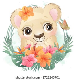 Cute little lion portrait with floral