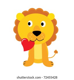Cute little lion with red heart isolated on white. Vector Illustration.