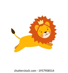 Cute little lion and red mane   crown is jumping isolated white background  Kawaii vector illustration in cartoon style for icon  logo  kids prints textile design